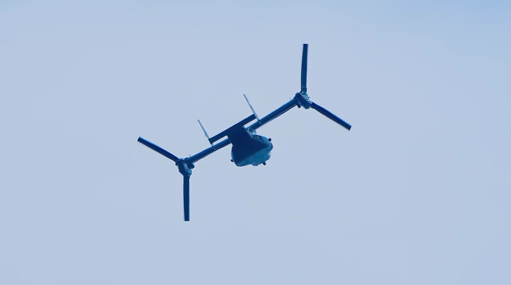 Unique angular image of presidential detail MV-22 Osprey over Delaware, August 2, 2024.