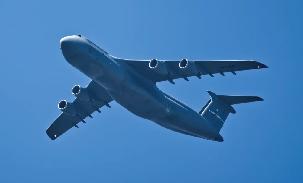 C-5M Super Galaxy flies south returning to Delaware's Dover Air Force Base on October 5, 2024.