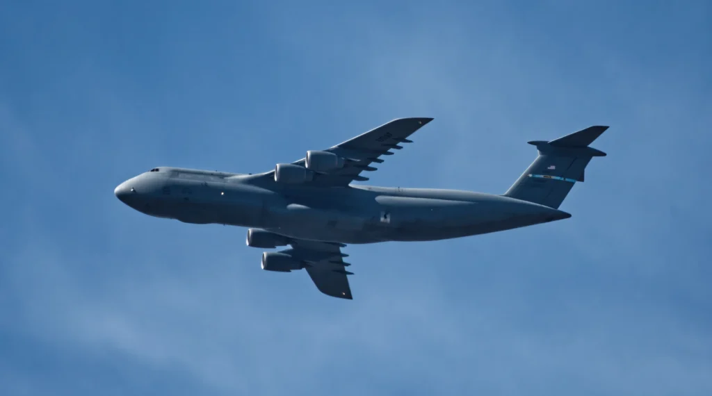 C-5M Super Galaxy flying south toward home at Delaware's Dover Air Force Base on October 29, 2024.