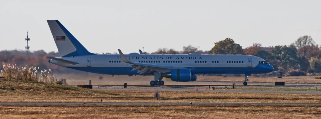 Air Force One C-32 reverses thrusters for deceleration on runway at KILG on November 2, 2024.