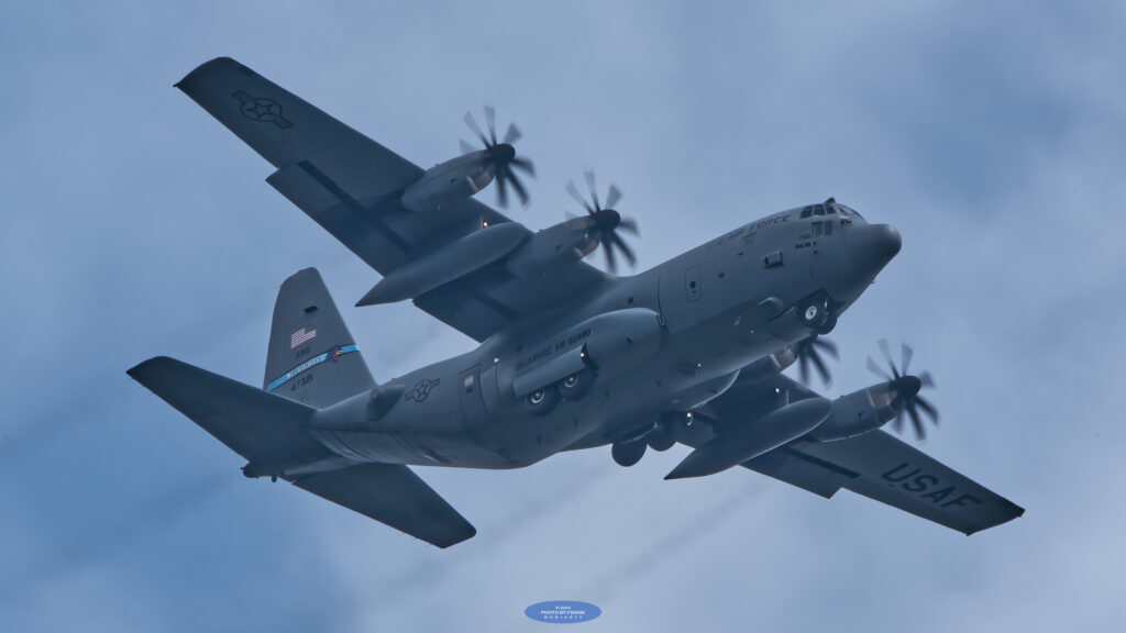 C-130 Hercules from 166th Airlift Wing, over New Castle, Delaware, August 7, 2024.